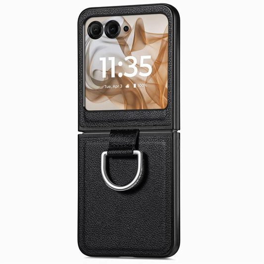 For Motorola Razr 50 Ultra Litchi Texture Leather Ring Fold Phone Case(Black) by buy2fix