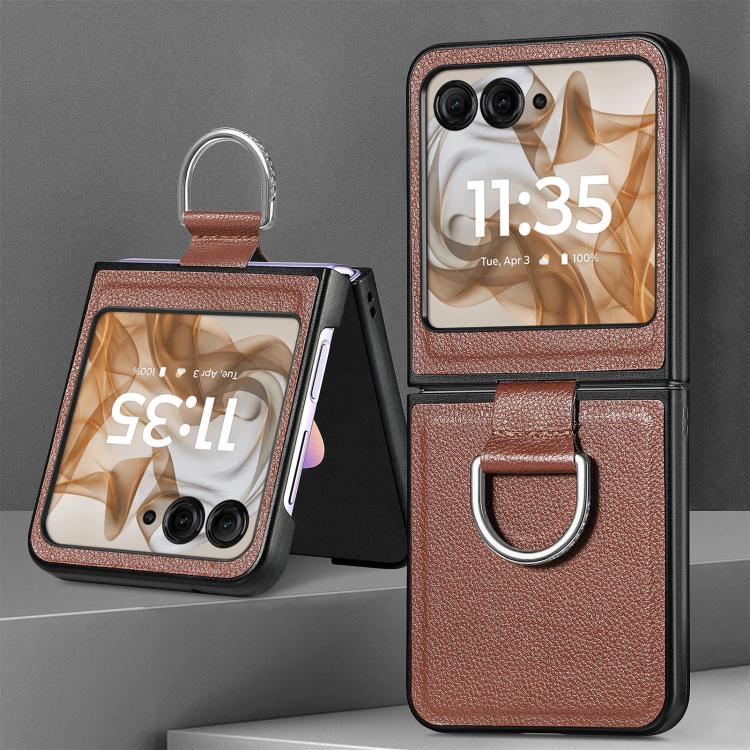 For Motorola Razr 50 Ultra Litchi Texture Leather Ring Fold Phone Case(Brown) by buy2fix