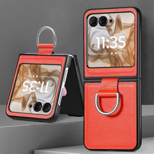 For Motorola Razr 50 Ultra Litchi Texture Leather Ring Fold Phone Case(Orange) by buy2fix