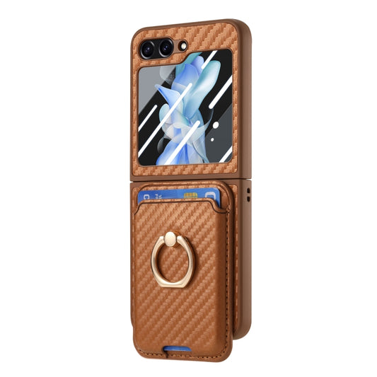 For Samsung Galaxy Z Flip6 / Flip7 FE Carbon Fiber Ring Card Bag Magsafe Phone Case(Brown) by buy2fix