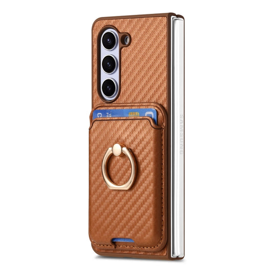 For Samsung Galaxy Z Fold6 Carbon Fiber Ring Card Bag Magsafe Phone Case(Brown) by buy2fix