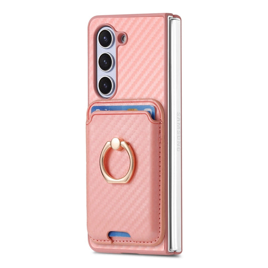 For Samsung Galaxy Z Fold6 Carbon Fiber Ring Card Bag Magsafe Phone Case(Pink) by buy2fix