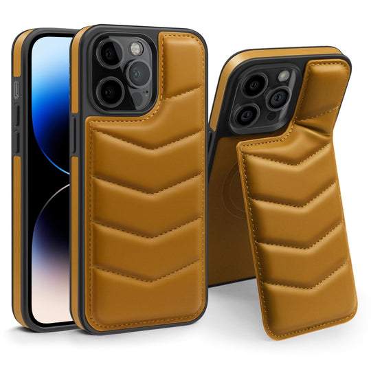For iPhone 14 Pro Max Down Jacket Card Bag Holder MagSafe Phone Case(Brown)