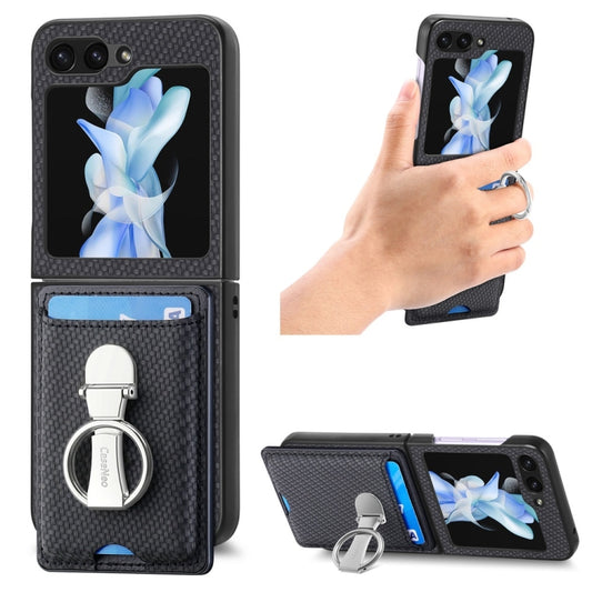 For Samsung Galaxy Z Flip6 / Flip7 FE JUNSUNMAY Carbon Fiber Leather Skin PC Folding Phone Case with Phone Ring(Black) - Galaxy Z Flip6 5G Cases by JUNSUNMAY | Online Shopping UK | buy2fix