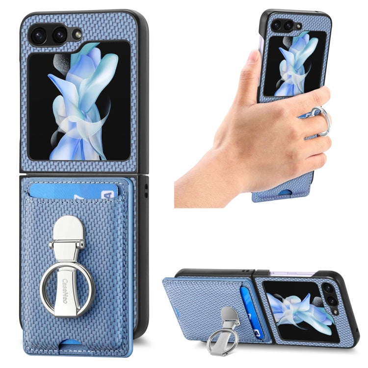 For Samsung Galaxy Z Flip6 / Flip7 FE JUNSUNMAY Carbon Fiber Leather Skin PC Folding Phone Case with Phone Ring(Blue) - Galaxy Z Flip6 5G Cases by JUNSUNMAY | Online Shopping UK | buy2fix