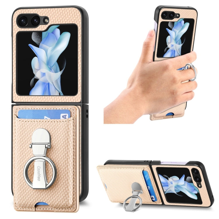 For Samsung Galaxy Z Flip6 / Flip7 FE JUNSUNMAY Carbon Fiber Leather Skin PC Folding Phone Case with Phone Ring(Khaki) - Galaxy Z Flip6 5G Cases by JUNSUNMAY | Online Shopping UK | buy2fix