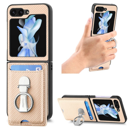 For Samsung Galaxy Z Flip6 / Flip7 FE JUNSUNMAY Carbon Fiber Leather Skin PC Folding Phone Case with Phone Ring(Khaki) - Galaxy Z Flip6 5G Cases by JUNSUNMAY | Online Shopping UK | buy2fix