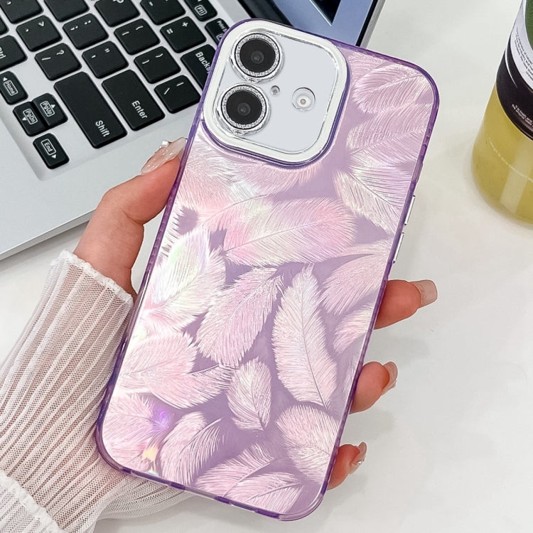 For iPhone 16 Plus Plating Glitter Texture TPU Phone Case with Lens Film(Purple Feathers) - iPhone 16 Plus Cases by buy2fix | Online Shopping UK | buy2fix