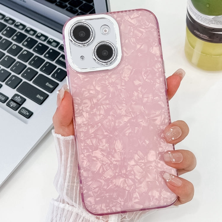 For iPhone 16 Plating Glitter Texture TPU Phone Case with Lens Film(Pink Shell Pattern) - iPhone 16 Plus Cases by buy2fix | Online Shopping UK | buy2fix