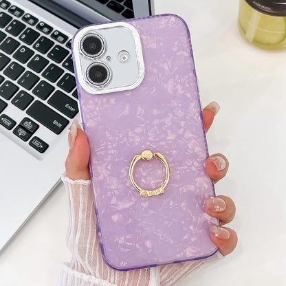 For iPhone 16 Plus Plating Glitter Texture Ring Holder TPU Phone Case with Lens Film(Purple Shell Pattern) by buy2fix