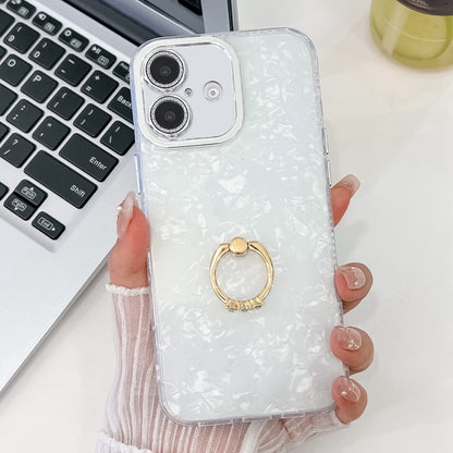For iPhone 16 Plating Glitter Texture Ring Holder TPU Phone Case with Lens Film(White Shell Grain) by buy2fix