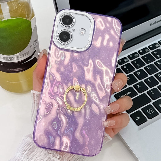 For iPhone 16 Plating Glitter Texture Ring Holder TPU Phone Case with Lens Film(Purple Wrinkles) - iPhone 16 Cases by buy2fix | Online Shopping UK | buy2fix