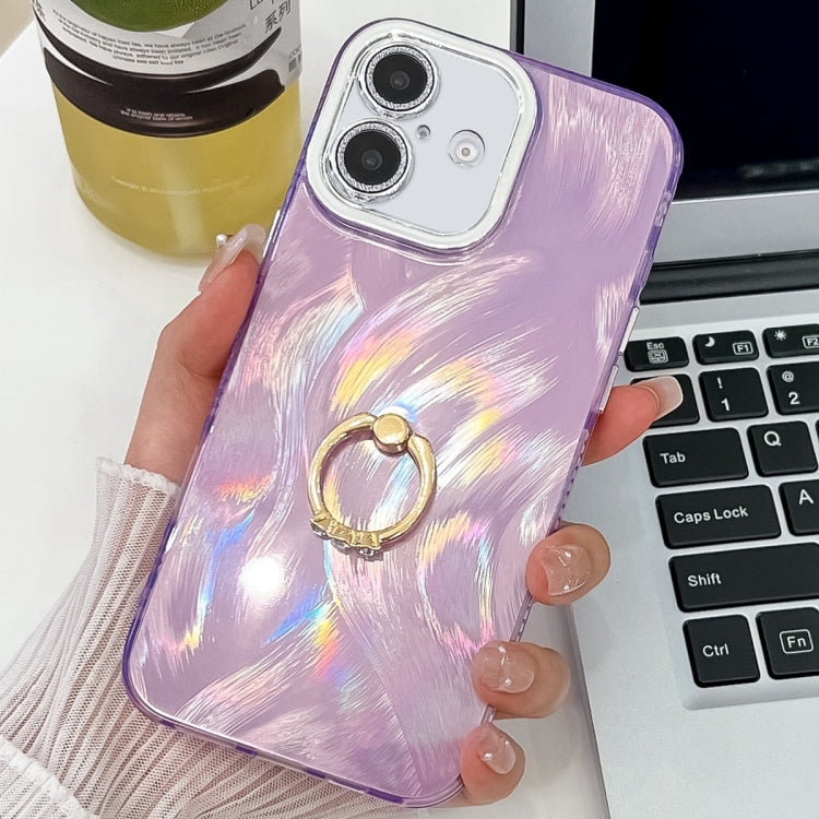 For iPhone 16 Plating Glitter Texture Ring Holder TPU Phone Case with Lens Film(Purple Feather Yarn) - iPhone 16 Cases by buy2fix | Online Shopping UK | buy2fix