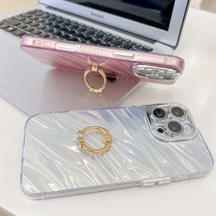 For iPhone 16 Plus Plating Glitter Texture Ring Holder TPU Phone Case with Lens Film(Purple Shell Pattern) by buy2fix