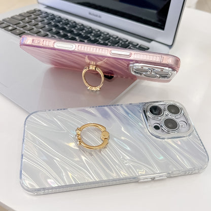 For iPhone 16 Plus Plating Glitter Texture Ring Holder TPU Phone Case with Lens Film(White Feathers) - iPhone 16 Plus Cases by buy2fix | Online Shopping UK | buy2fix