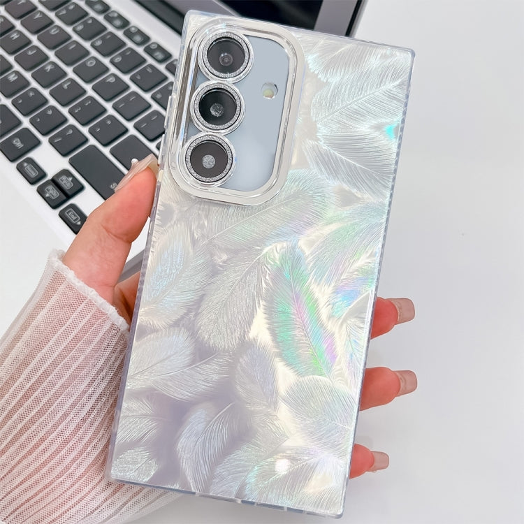 For Samsung Galaxy S25 5G Plating Glitter Texture TPU Phone Case with Lens Film(White Feathers) - Galaxy S25 5G Cases by buy2fix | Online Shopping UK | buy2fix