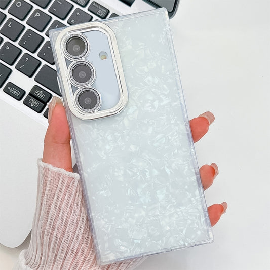 For Samsung Galaxy S25+ 5G Plating Glitter Texture TPU Phone Case with Lens Film(White Shell Pattern) by buy2fix