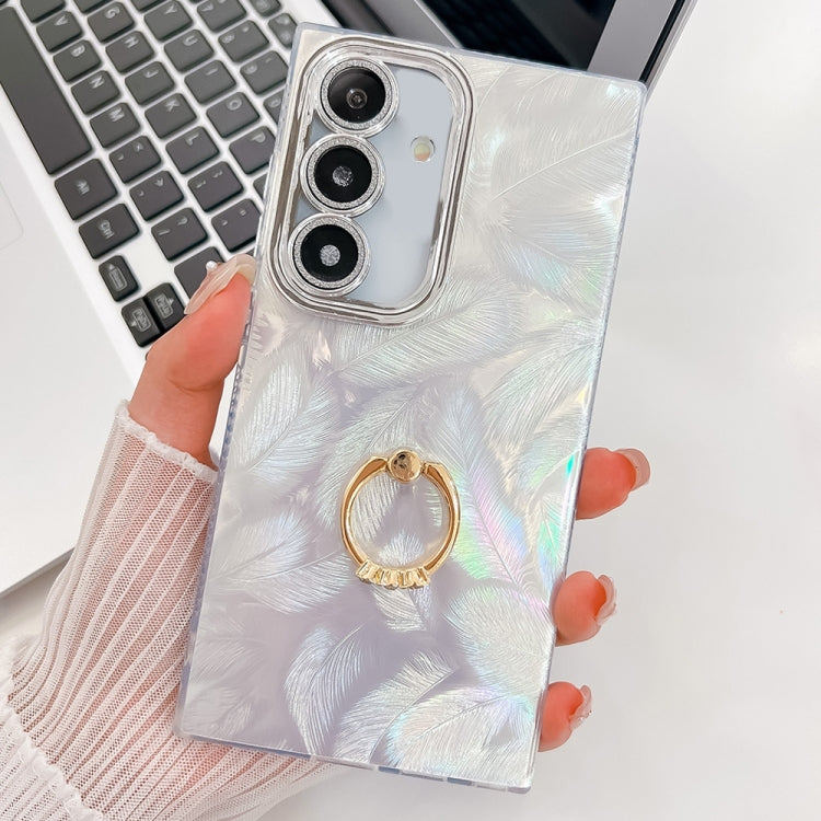 For Samsung Galaxy S25 5G Plating Glitter Texture Ring Holder TPU Phone Case with Lens Film(White Feathers) by buy2fix