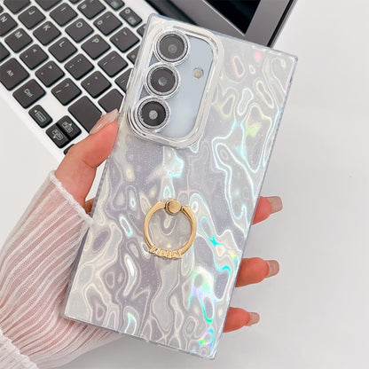 For Samsung Galaxy S25 5G Plating Glitter Texture Ring Holder TPU Phone Case with Lens Film(White Wrinkles) - Galaxy S25 5G Cases by buy2fix | Online Shopping UK | buy2fix