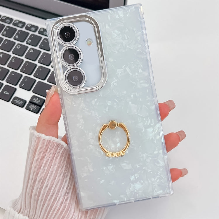 For Samsung Galaxy S25+ 5G Plating Glitter Texture Ring Holder TPU Phone Case with Lens Film(White Shell Pattern) by buy2fix