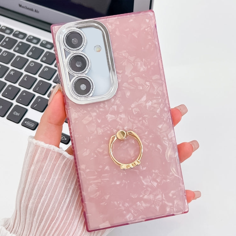 For Samsung Galaxy S25+ 5G Plating Glitter Texture Ring Holder TPU Phone Case with Lens Film(Pink Shell Pattern) by buy2fix