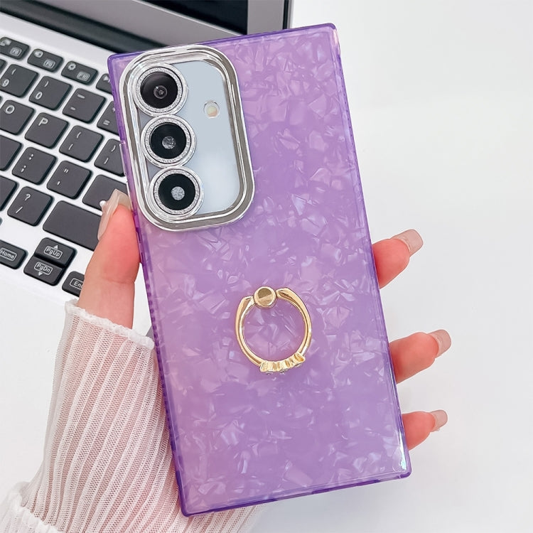 For Samsung Galaxy S25+ 5G Plating Glitter Texture Ring Holder TPU Phone Case with Lens Film(Purple Shell Pattern) by buy2fix