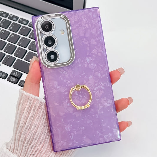 For Samsung Galaxy S25+ 5G Plating Glitter Texture Ring Holder TPU Phone Case with Lens Film(Purple Shell Pattern) by buy2fix