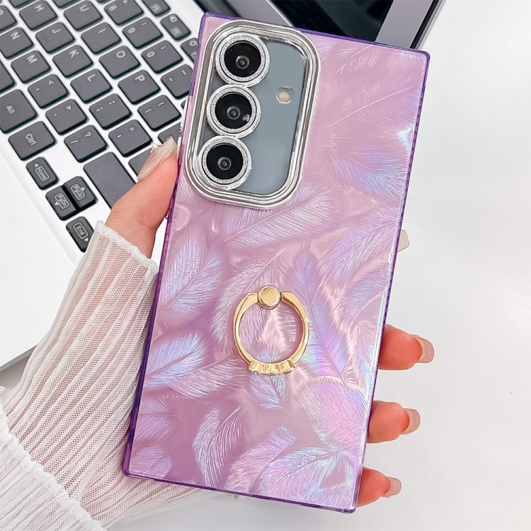 For Samsung Galaxy S25+ 5G Plating Glitter Texture Ring Holder TPU Phone Case with Lens Film(Purple Feathers) - Galaxy S25+ 5G Cases by buy2fix | Online Shopping UK | buy2fix