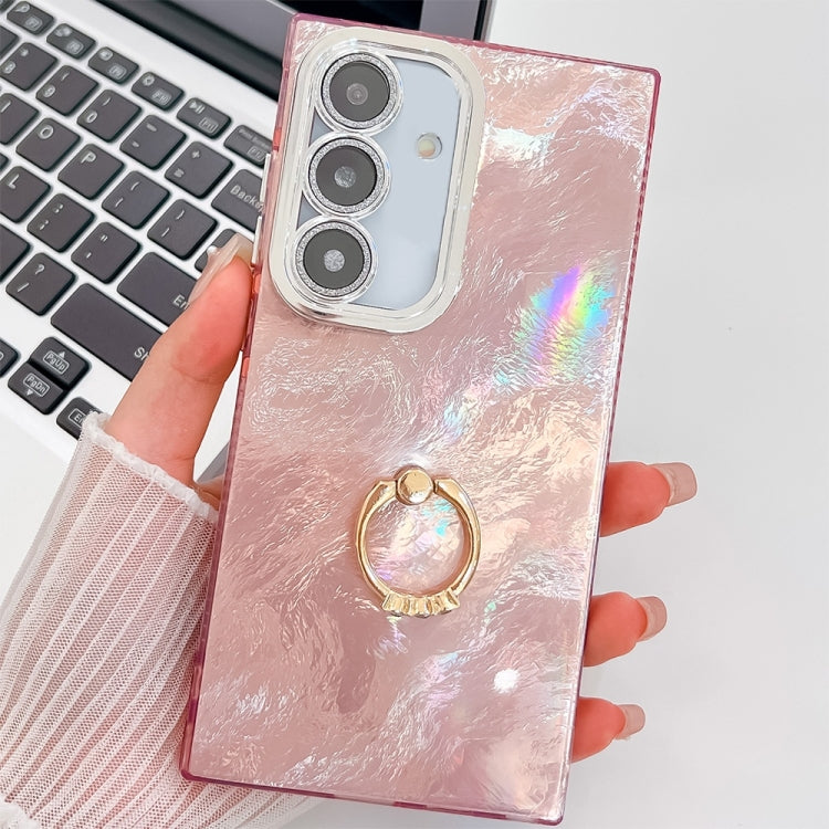For Samsung Galaxy S25+ 5G Plating Glitter Texture Ring Holder TPU Phone Case with Lens Film(Pink Tinfoil Texture) by buy2fix