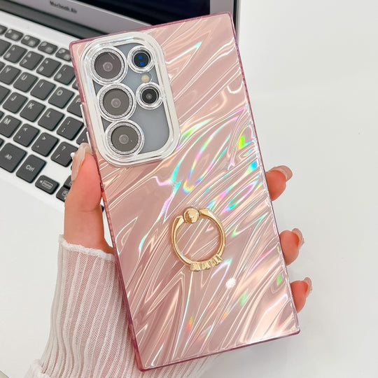 For Samsung Galaxy S25 Ultra 5G Plating Glitter Texture Ring Holder TPU Phone Case with Lens Film(Pink Water Ripples)