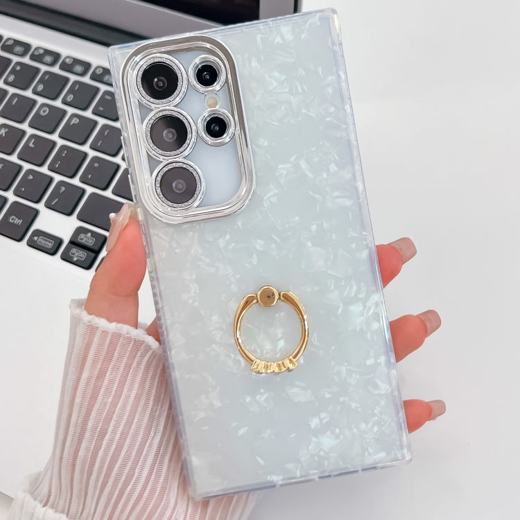 For Samsung Galaxy S25 Ultra 5G Plating Glitter Texture Ring Holder TPU Phone Case with Lens Film(White Shell Pattern) - Galaxy S25 Ultra 5G Cases by buy2fix | Online Shopping UK | buy2fix