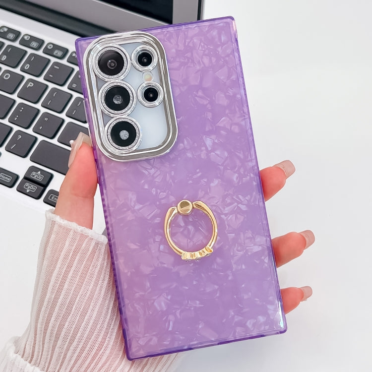 For Samsung Galaxy S25 Ultra 5G Plating Glitter Texture Ring Holder TPU Phone Case with Lens Film(Purple Shell Pattern) - Galaxy S25 Ultra 5G Cases by buy2fix | Online Shopping UK | buy2fix