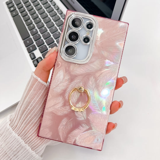 For Samsung Galaxy S25 Ultra 5G Plating Glitter Texture Ring Holder TPU Phone Case with Lens Film(Pink Feathers)