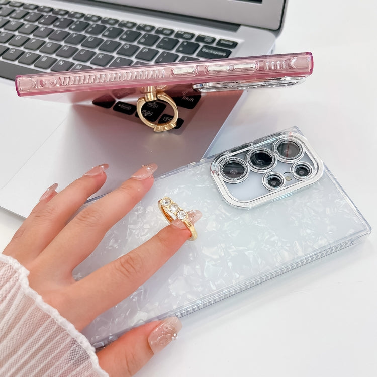 For Samsung Galaxy S25+ 5G Plating Glitter Texture Ring Holder TPU Phone Case with Lens Film(White Wrinkles) by buy2fix