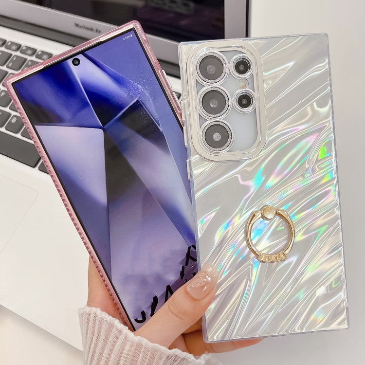 For Samsung Galaxy S25+ 5G Plating Glitter Texture Ring Holder TPU Phone Case with Lens Film(White Feathers) by buy2fix