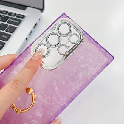 For Samsung Galaxy S25+ 5G Plating Glitter Texture Ring Holder TPU Phone Case with Lens Film(White Shell Pattern) by buy2fix