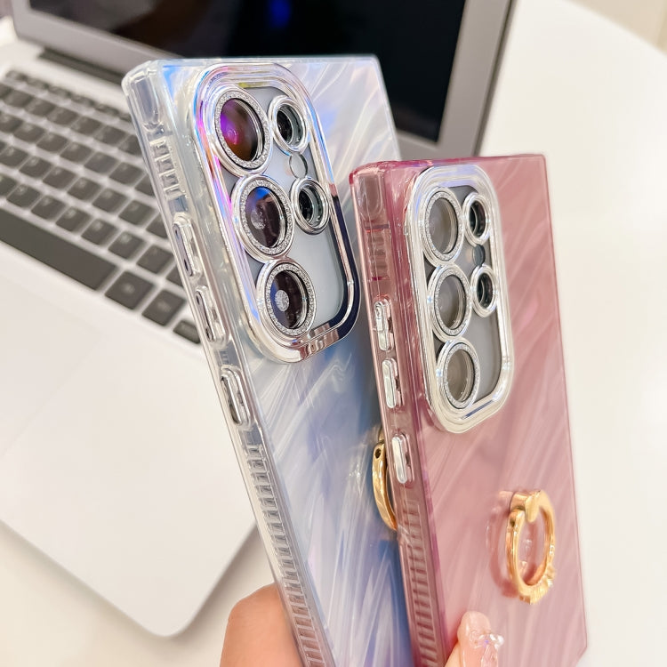 For Samsung Galaxy S25+ 5G Plating Glitter Texture Ring Holder TPU Phone Case with Lens Film(Purple Feather Yarn) by buy2fix