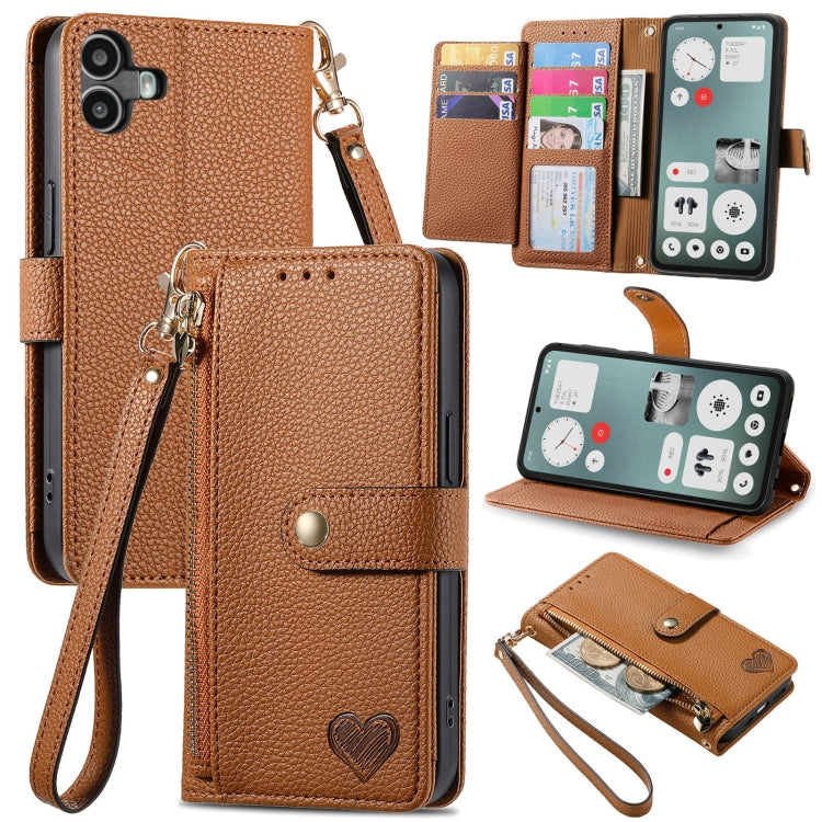 For Nothing CMF Phone 1 Love Zipper Lanyard Leather Phone Case(Brown) - Nothing Cases by buy2fix | Online Shopping UK | buy2fix