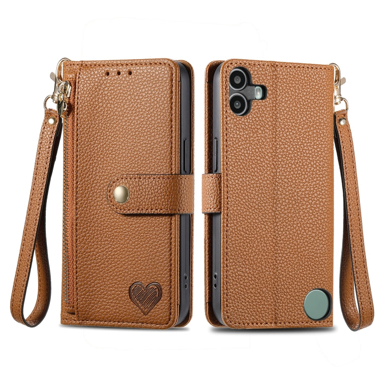 For Nothing CMF Phone 1 Love Zipper Lanyard Leather Phone Case(Brown) - Nothing Cases by buy2fix | Online Shopping UK | buy2fix