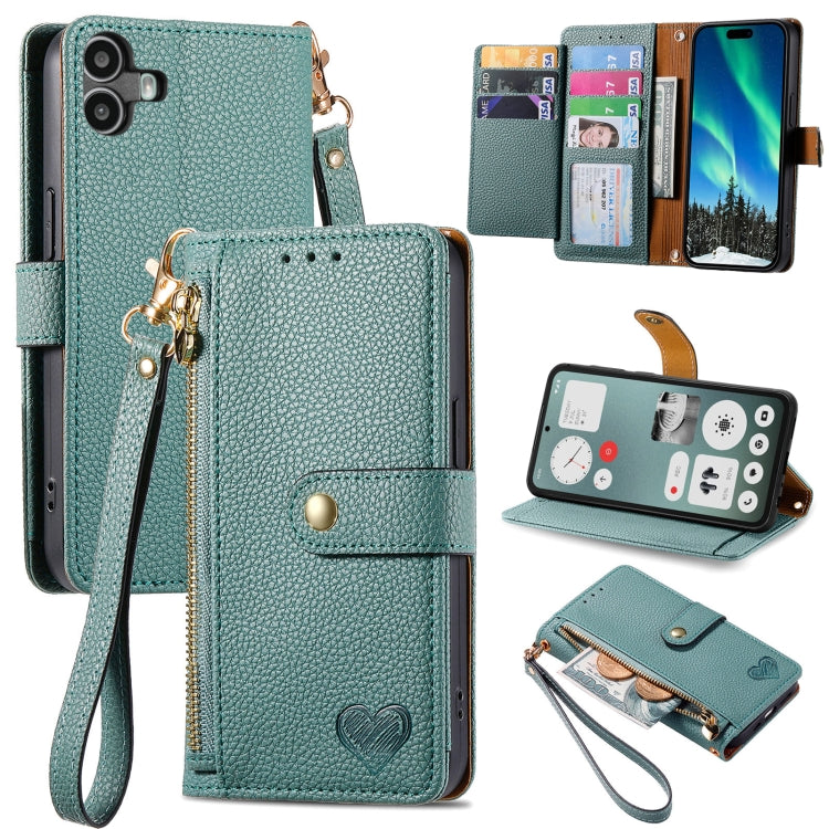 For Nothing CMF Phone 1 Love Zipper Lanyard Leather Phone Case(Green) - Nothing Cases by buy2fix | Online Shopping UK | buy2fix