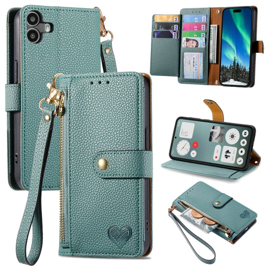For Nothing CMF Phone 1 Love Zipper Lanyard Leather Phone Case(Green) - Nothing Cases by buy2fix | Online Shopping UK | buy2fix