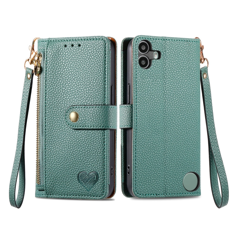For Nothing CMF Phone 1 Love Zipper Lanyard Leather Phone Case(Green) - Nothing Cases by buy2fix | Online Shopping UK | buy2fix