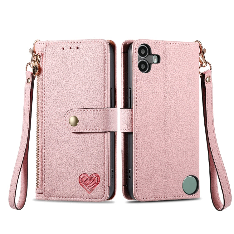 For Nothing CMF Phone 1 Love Zipper Lanyard Leather Phone Case(Pink) - Nothing Cases by buy2fix | Online Shopping UK | buy2fix