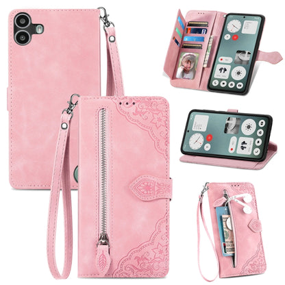 For Nothing CMF Phone 1 Embossed Flower Zipper Leather Phone Case(Pink) - Nothing Cases by buy2fix | Online Shopping UK | buy2fix