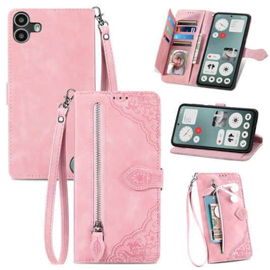 For Nothing CMF Phone 1 Embossed Flower Zipper Leather Phone Case(Pink) - Nothing Cases by buy2fix | Online Shopping UK | buy2fix