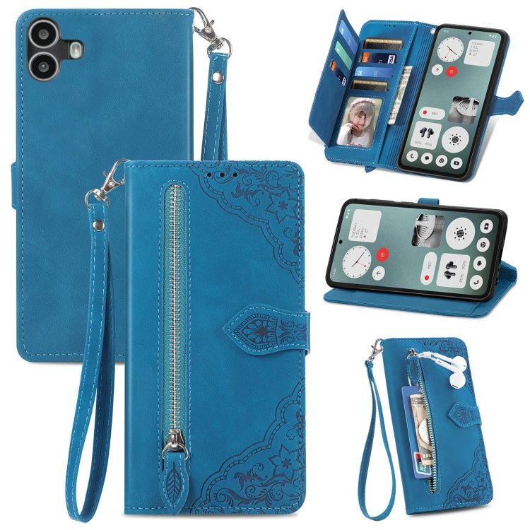 For Nothing CMF Phone 1 Embossed Flower Zipper Leather Phone Case(Blue) - Nothing Cases by buy2fix | Online Shopping UK | buy2fix