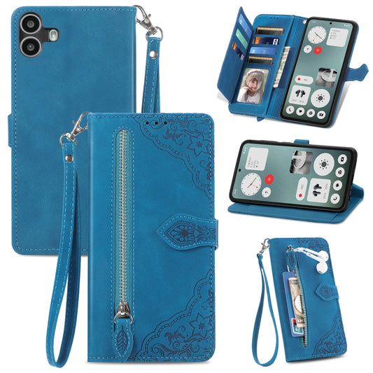For Nothing CMF Phone 1 Embossed Flower Zipper Leather Phone Case(Blue) - Nothing Cases by buy2fix | Online Shopping UK | buy2fix