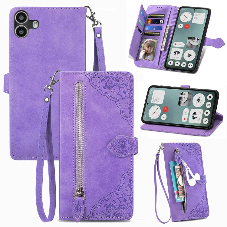 For Nothing CMF Phone 1 Embossed Flower Zipper Leather Phone Case(Purple) - Nothing Cases by buy2fix | Online Shopping UK | buy2fix