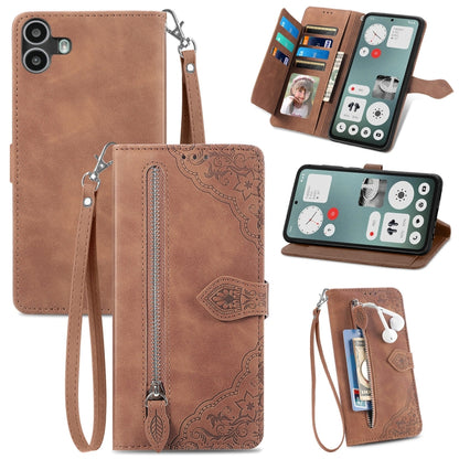 For Nothing CMF Phone 1 Embossed Flower Zipper Leather Phone Case(Brown) - More Brand by buy2fix | Online Shopping UK | buy2fix