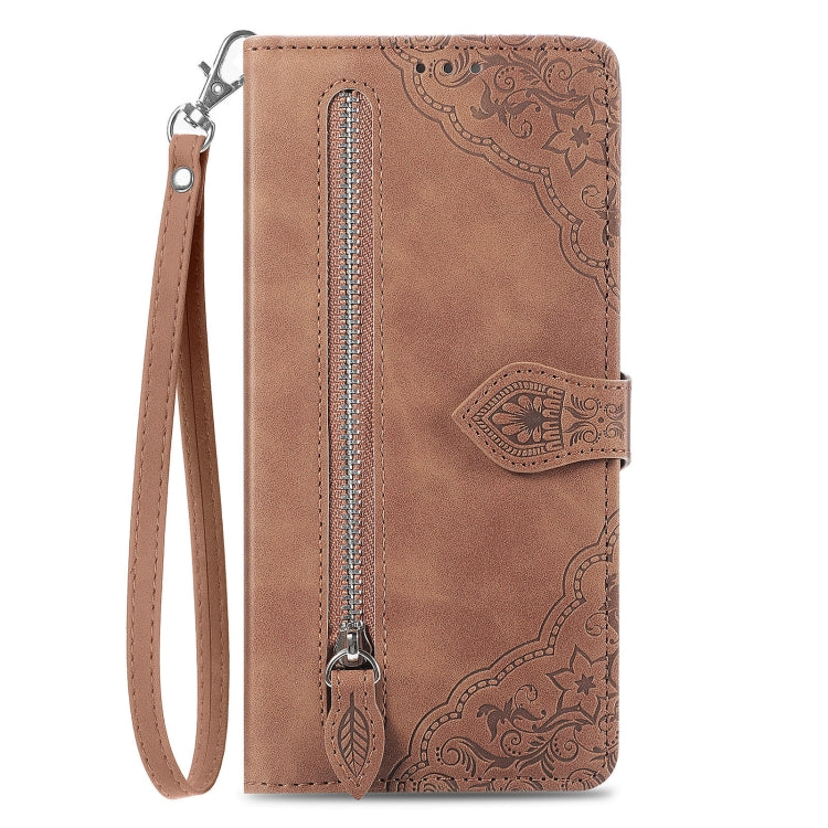 For Nothing CMF Phone 1 Embossed Flower Zipper Leather Phone Case(Brown) - More Brand by buy2fix | Online Shopping UK | buy2fix